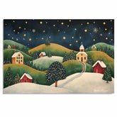 Peaceful Snowy Christmas Village with Church and Stars – Folk Art Holiday Landscape Painting on Ready to Hang 1.5" Thick Canvas Wrap, Floating Framed Canvas, Flat Rolled Canvas